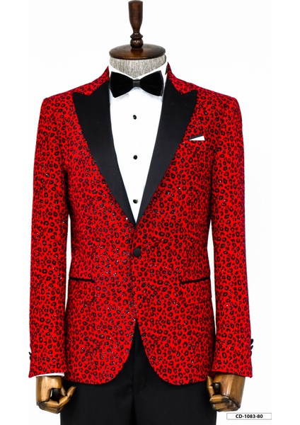 Leopar Desenli Slim Fit Dik Yaka Bordo Erkek Balo Ceketi - Wessi
