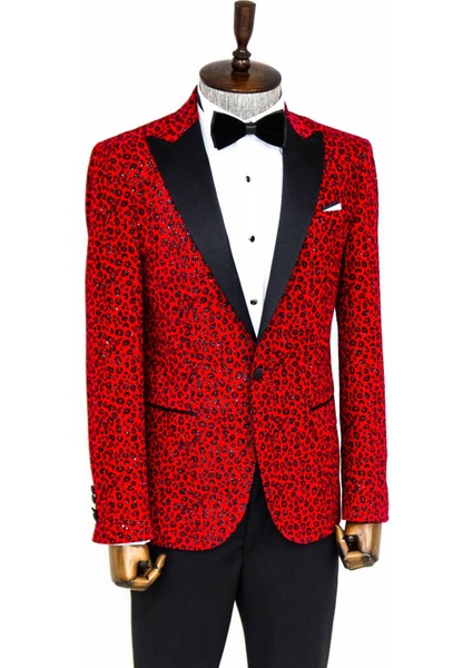 Leopar Desenli Slim Fit Dik Yaka Bordo Erkek Balo Ceketi - Wessi modelleri