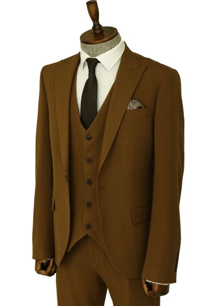 Tek Düğmeli Slim Fit Taba Yelekli Erkek Takım Elbise - Wessi fırsatları