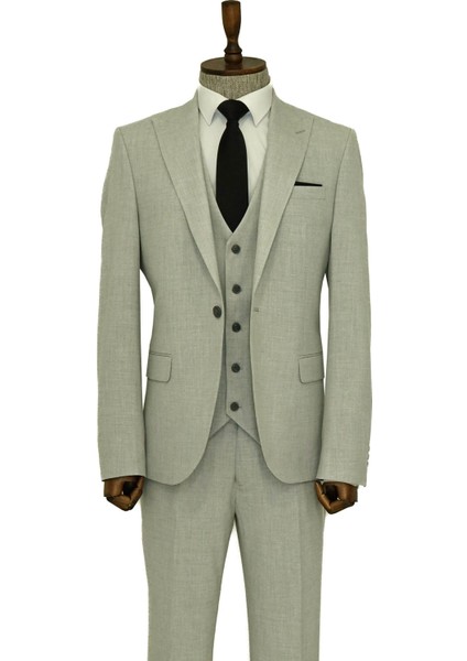 Tek Düğmeli Slim Fit Gri Yelekli Erkek Takım Elbise - Wessi