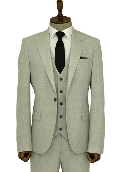 Tek Düğmeli Slim Fit Gri Yelekli Erkek Takım Elbise - Wessi modelleri