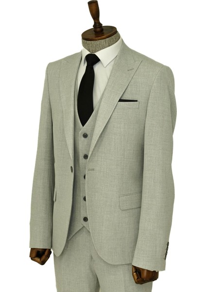 Tek Düğmeli Slim Fit Gri Yelekli Erkek Takım Elbise - Wessi fırsatları