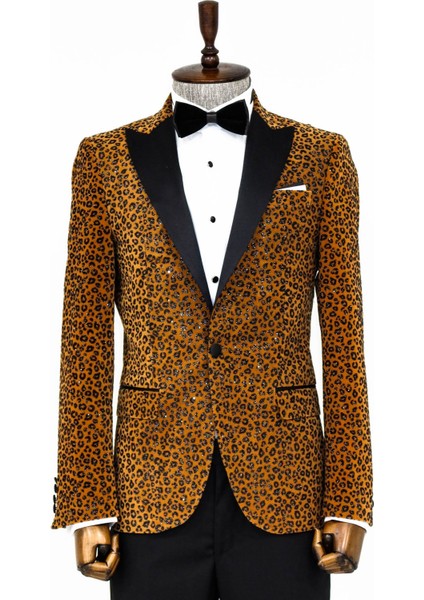 Leopar Desenli Slim Fit Dik Yaka Sarı Erkek Balo Ceket - Wessi