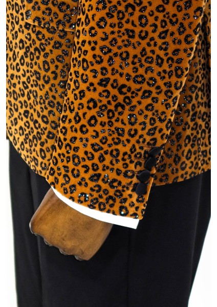 Leopar Desenli Slim Fit Dik Yaka Sarı Erkek Balo Ceket - Wessi