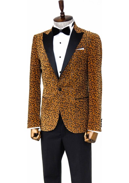 Leopar Desenli Slim Fit Dik Yaka Sarı Erkek Balo Ceket - Wessi