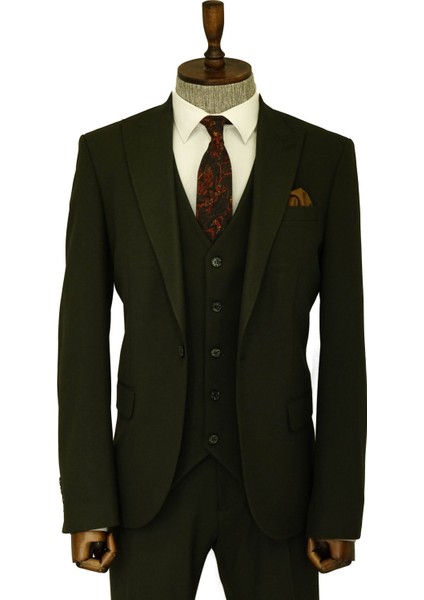 Tek Düğmeli Slim Fit Yeşil Yelekli Erkek Takım Elbise - Wessi