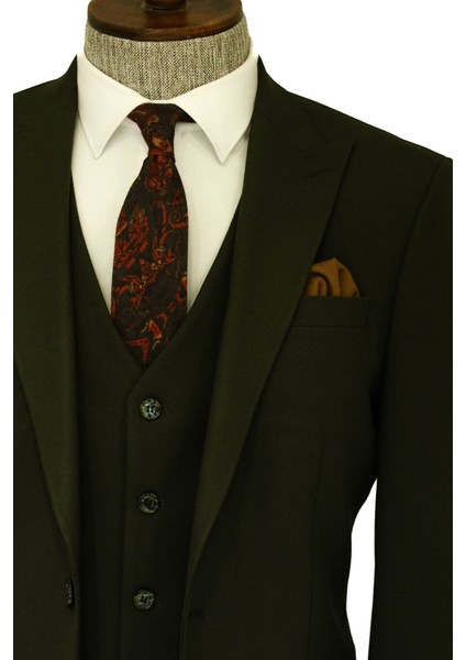 Tek Düğmeli Slim Fit Yeşil Yelekli Erkek Takım Elbise - Wessi