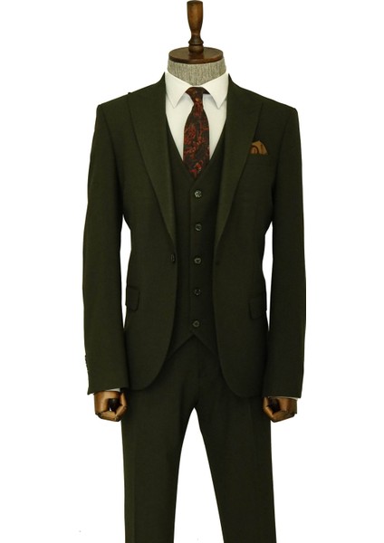 Tek Düğmeli Slim Fit Yeşil Yelekli Erkek Takım Elbise - Wessi
