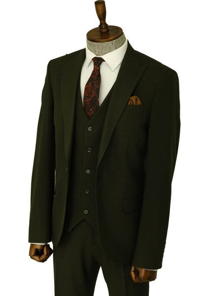 Tek Düğmeli Slim Fit Yeşil Yelekli Erkek Takım Elbise - Wessi