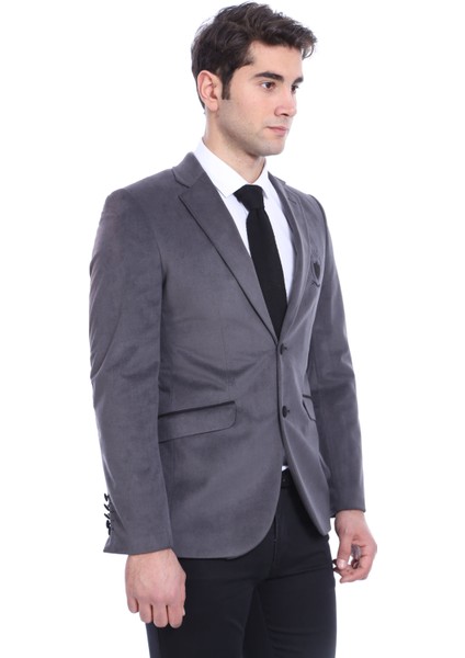 Kapaklı Cepli Arma Detaylı Kadife Füme Gri Erkek Ceket - Wessi