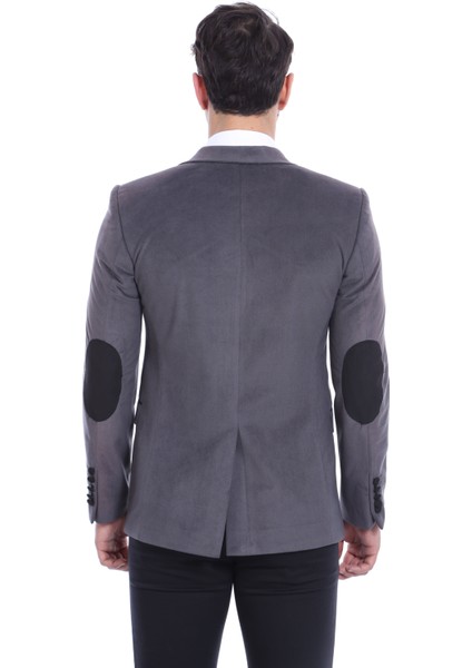 Kapaklı Cepli Arma Detaylı Kadife Füme Gri Erkek Ceket - Wessi modelleri