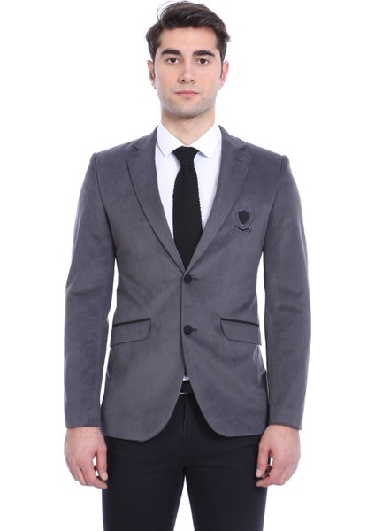 Kapaklı Cepli Arma Detaylı Kadife Füme Gri Erkek Ceket - Wessi fırsatları