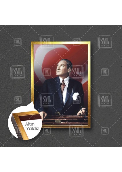 Mustafa Kemal Atatürk Elinde Tesbih Türk Bayrağı Karizma Çerçeveli Dikey Kanvas Tablo
