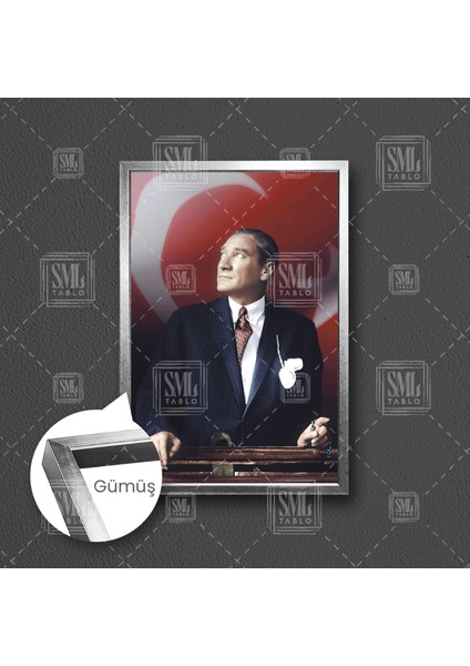 Mustafa Kemal Atatürk Elinde Tesbih Türk Bayrağı Karizma Çerçeveli Dikey Kanvas Tablo