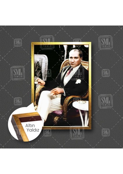 Mustafa Kemal Atatürk Kahve Içerken Karizma Türk Çerçeveli Dikey Kanvas Tablo