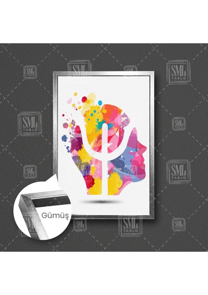 Psikolog Büro Psikoloji Psi Sembolu Insan Kafası Psikolog Ofisi Çerçeveli Dikey Kanvas Tablo