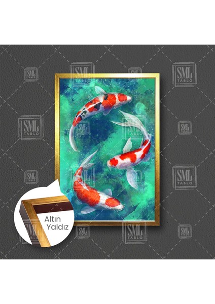 Birbirini Takip Ederek Yüzen Üç Koi Balığı Çerçeveli Dikey Kanvas Tablo