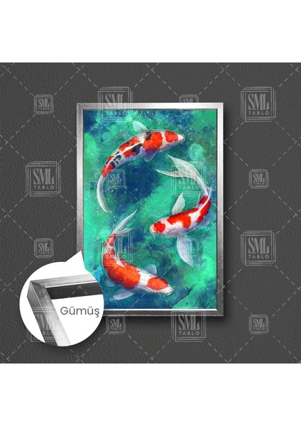 Birbirini Takip Ederek Yüzen Üç Koi Balığı Çerçeveli Dikey Kanvas Tablo fırsatları