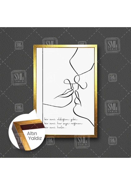 Bir Seni Şiir Öpüşen Çift Line Art Çizgisel Çerçeveli Dikey Kanvas Tablo