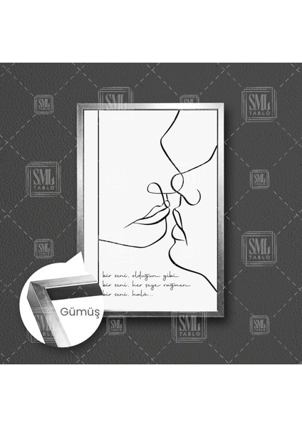 Bir Seni Şiir Öpüşen Çift Line Art Çizgisel Çerçeveli Dikey Kanvas Tablo fırsatları