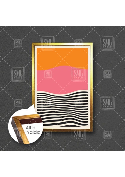 Turuncu Pembe ve Siyah Çizgili Boho Minimal Çerçeveli Dikey Kanvas Tablo