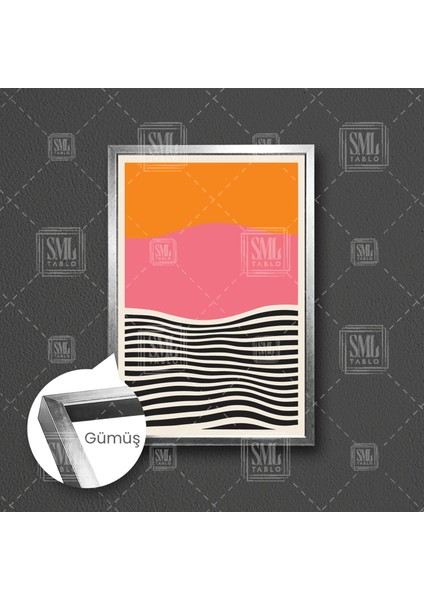 Turuncu Pembe ve Siyah Çizgili Boho Minimal Çerçeveli Dikey Kanvas Tablo