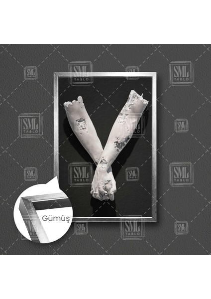 Siyah Duvar Önünde El Ele Tutuşan Heykel Çerçeveli Dikey Kanvas Tablo fırsatları