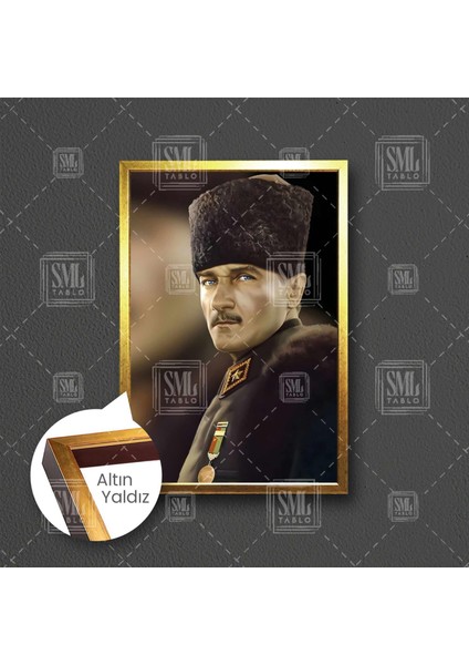 Gazi Mustafa Kemal Atatürk Kalpaklı Mareşal Madalyası Çerçeveli Dikey Kanvas Tablo