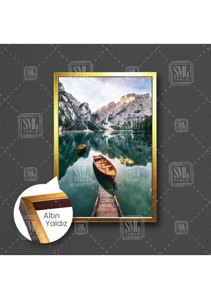 Sahildeki Ahşap Sandal Karlı Dağlar Göl Doğa Manzara Çerçeveli Dikey Kanvas Tablo
