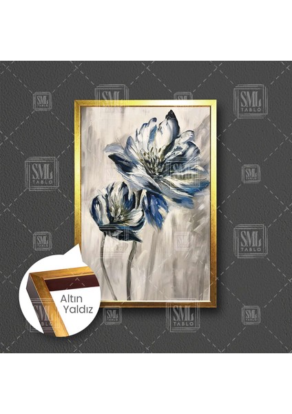 Mavi Beyaz Turkuaz Yağlı Boya Efetkli Çiçek Abstract Çerçeveli Dikey Kanvas Tablo