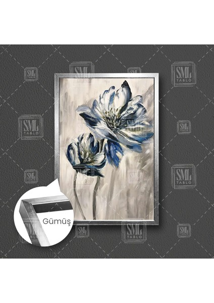 Mavi Beyaz Turkuaz Yağlı Boya Efetkli Çiçek Abstract Çerçeveli Dikey Kanvas Tablo fırsatları