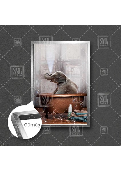Küvetinde Banyo Yapan Sevimli Yavru Fil Baloncuklar Çerçeveli Dikey Kanvas Tablo fırsatları