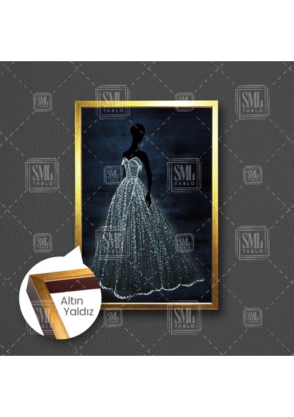 Siyah Gölge Kadın Üstündeki Parlayan Gelinlik Çerçeveli Dikey Kanvas Tablo
