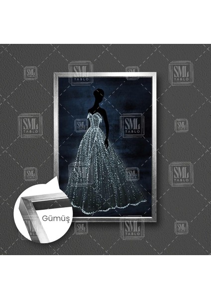Siyah Gölge Kadın Üstündeki Parlayan Gelinlik Çerçeveli Dikey Kanvas Tablo fırsatları