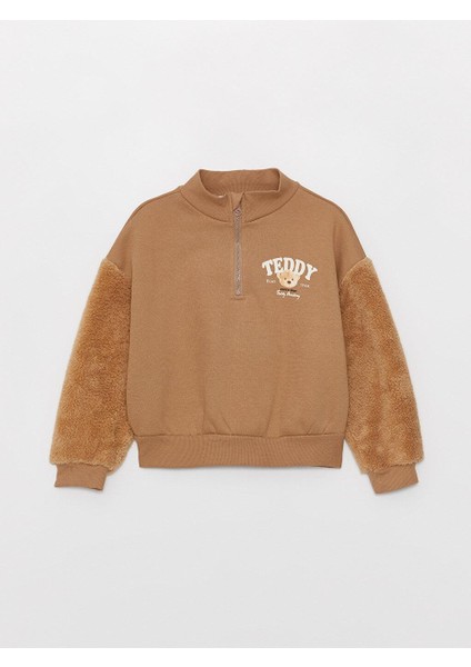 Dik Yaka Baskılı Uzun Kollu Kız Çocuk Sweatshirt