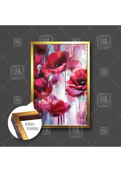 Kırmızı Gelincik Çiçeği Fırça Izleri Çerçeveli Dikey Kanvas Tablo