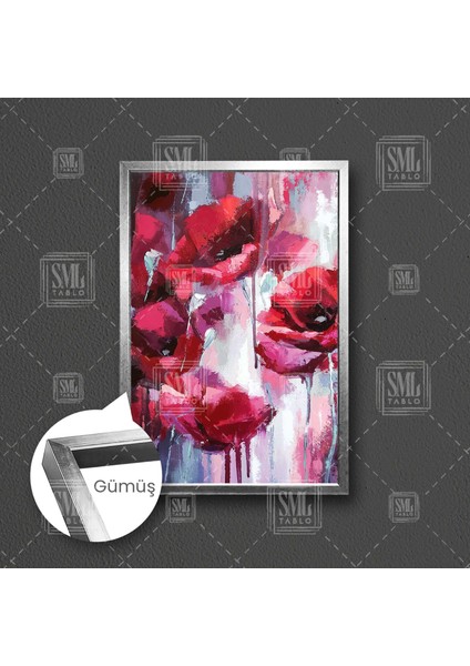Kırmızı Gelincik Çiçeği Fırça Izleri Çerçeveli Dikey Kanvas Tablo fırsatları