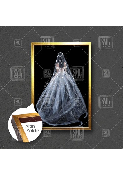 Sırtı Dönük Beyaz Işıltılı Gelinlik Giymiş Kadın Moda Dekor Gelinlik Çerçeveli Dikey Kanvas Tablo