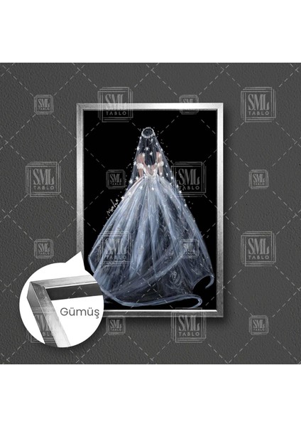 Sırtı Dönük Beyaz Işıltılı Gelinlik Giymiş Kadın Moda Dekor Gelinlik Çerçeveli Dikey Kanvas Tablo fırsatları