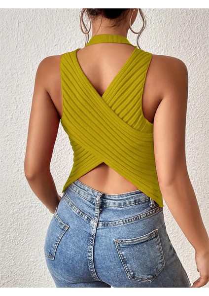 Kadın Kolsuz Sırt Çapraz Detay Triko Bluz