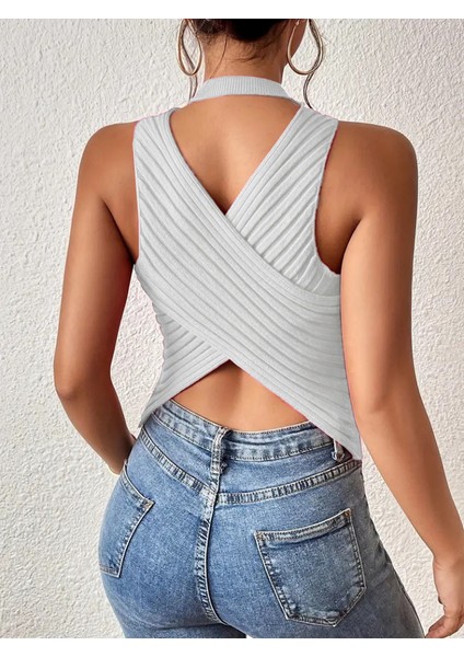 Kadın Kolsuz Sırt Çapraz Detay Triko Bluz