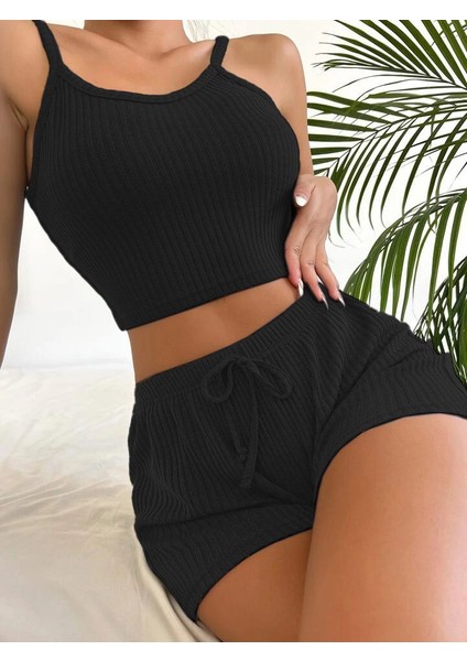 Kadın Kolsuz Ip Askılı V Yakalı Krop Bluz Kalın Fitilli Kaşkorse Ikili Takım fırsatları