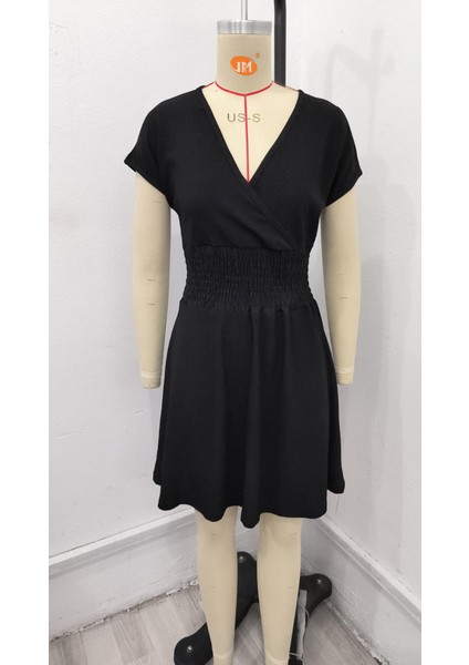 Kadın Kısa Kollu Kruvaze Yaka Beli Gipeli Bürümcük Elbise fırsatları