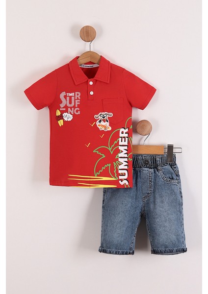 Erkek Çocuk Summer Baskılı Polo Yaka Tişört Kot Şort 2'li Takım