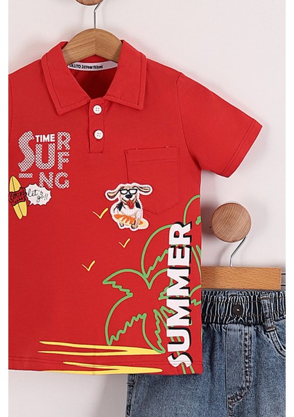 Erkek Çocuk Summer Baskılı Polo Yaka Tişört Kot Şort 2'li Takım