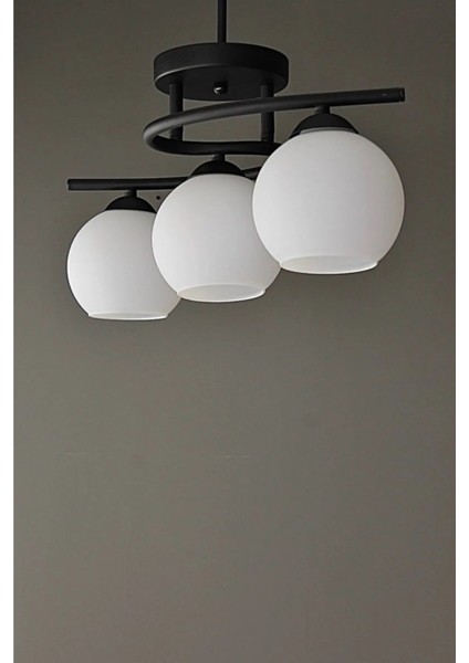 Fuji Modern Dekoratif Siyah Renk Beyaz Camlı Salon - Mutfak - Yatak Odası 3 Lü Avize