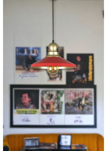 Açelya Modern Tasarım Cafe Mutfak Gold Başlık Metal Kırmızı Içi Gold Renk Tekli Avize (Ampulsüz)
