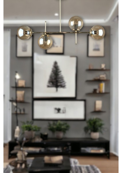 Çello Modern Lüks Tasarım Gold Renk Bal Camlı Tavan Yemek Masası Üstü -Salon 4 Lü Avize