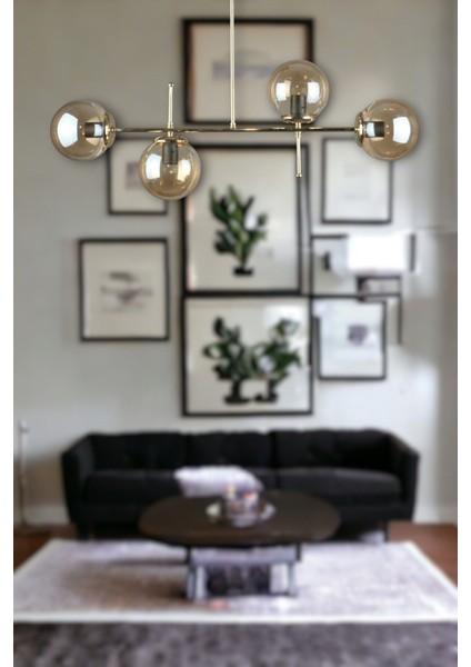 Çello Modern Lüks Tasarım Gold Renk Bal Camlı Tavan Yemek Masası Üstü -Salon 4 Lü Avize