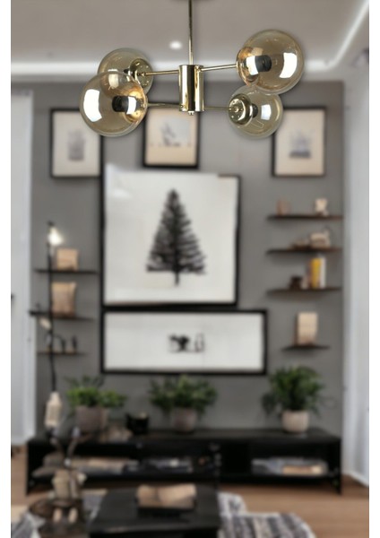 Oscar Modern Lüks Tasarım Gold Renk Kasa Bal Camlı Salon - Mutfak - Yatak Odası 4 Lü Avize